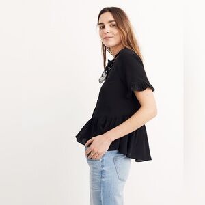 Madewell silk studio ruffle hem top black peplum short sleeve blouse size xxs